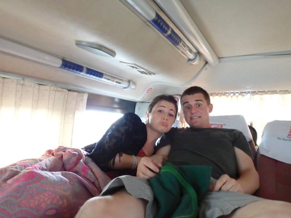 couple posing on sleeper bus vietnam