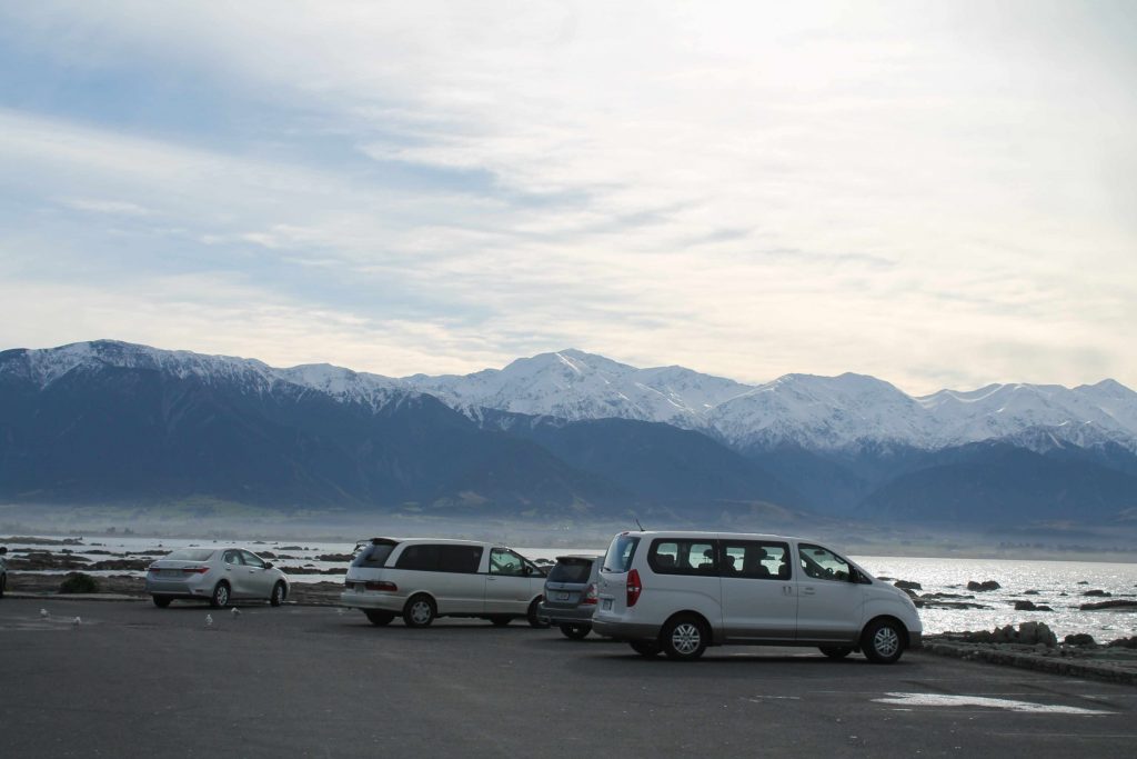 cars at lake pukaki new zealand