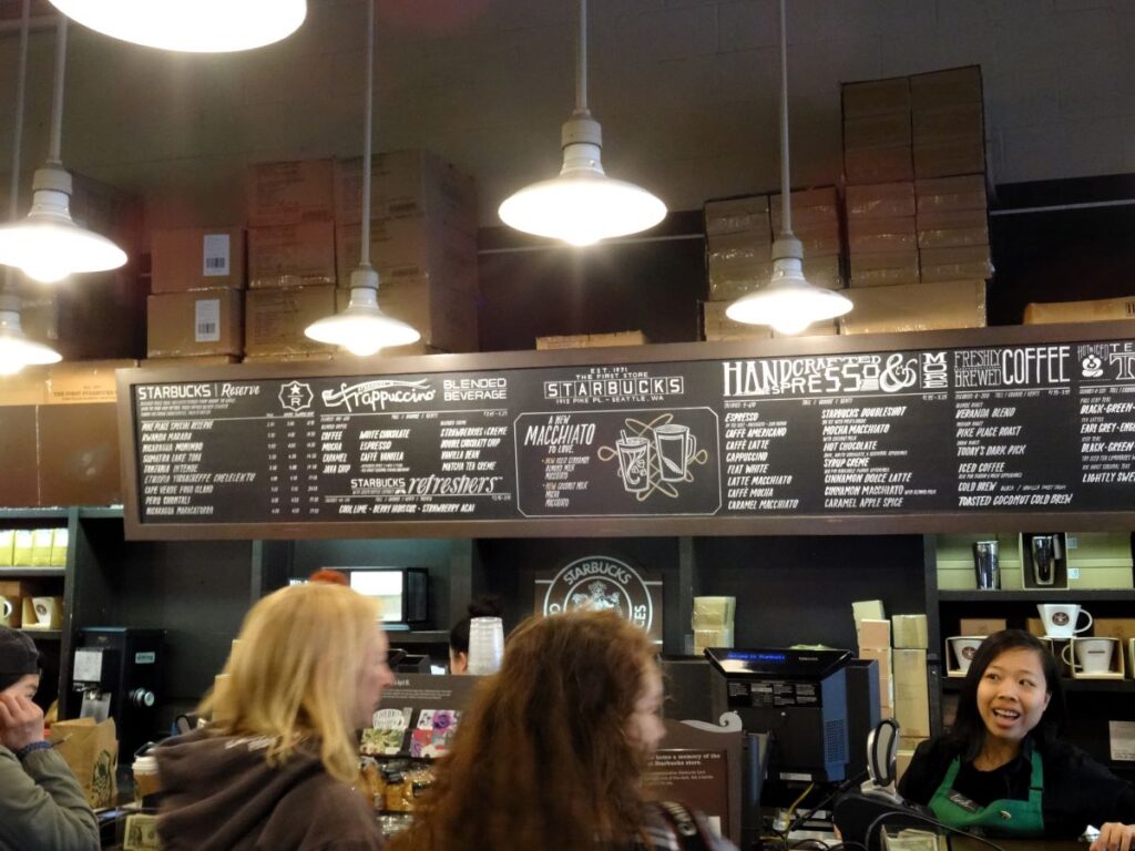 interior of first starbucks store seattle