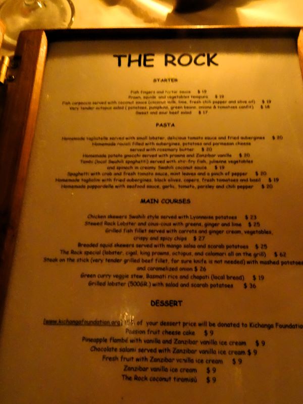 menu at the rock restaurant